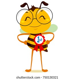 Vector Illustration of Happy Bee with 1st Place Ribbon