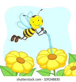 vector illustration of happy bee sucking honey from flower