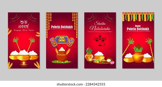 Vector illustration of Happy Bengali New Year social media story feed mockup template set