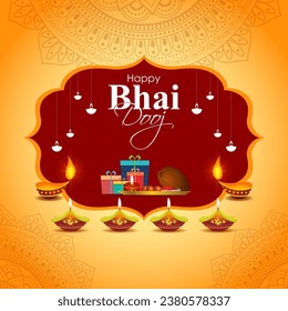 Imagen vectorial de Happy Bhai Dooj, plantilla de juego de medios sociales escrita en hindi texto bhai dooj 