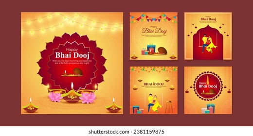 Vector illustration of Happy Bhai Dooj social media feed set template written hindi text bhai dooj 