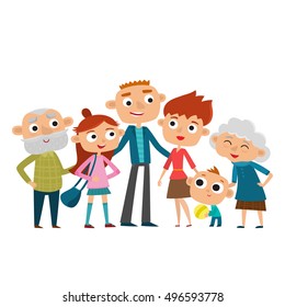 Vector illustration of happy big family in love. Father, mother, son and daughter together. 