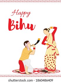 Vector illustration of Happy Bihu, Assamese New Year, Indian traditional festival, Harvest festival of Assam, Couple performing Bihu folk dance.