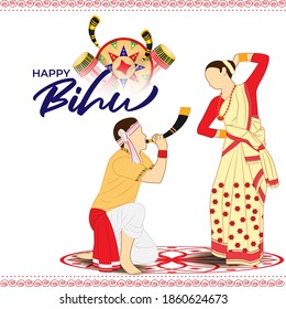 Vector illustration of Happy Bihu, Assamese New Year, Indian traditional festival, Harvest festival of Assam, Couple performing Bihu folk dance.