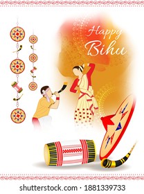 Vector illustration of Happy Bihu, Assamese New Year, Indian traditional festival, Harvest festival of Assam, Couple performing Bihu folk dance.