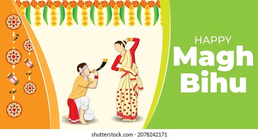 Dibujo vectorial de Happy Bihu, Año Nuevo asamés, festival tradicional indio, festival de cosecha de Assam