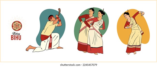 Vector illustration of Happy Bihu, Assamese New Year, Indian traditional Harvest festival of Assam, man and woman performing Bihu folk dance vector.