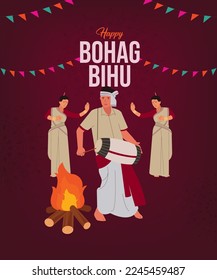 Vector illustration of Happy Bihu, Assamese New Year, Indian traditional Harvest festival of Assam, a man and woman performing Bihu folk dance.
