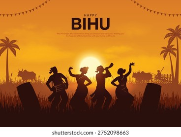 Vector illustration of Happy Bihu, Assamese New Year, Indian traditional festival, people dancing silhouette. Harvest festival of Assam.