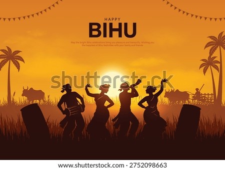 Vector illustration of Happy Bihu, Assamese New Year, Indian traditional festival, people dancing silhouette. Harvest festival of Assam.