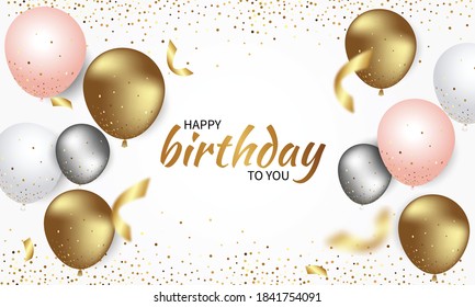 Ilustración vectorial del feliz cumpleaños 3d globo dorado realista sobre un fondo blanco con texto y brillo confetti.