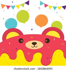 Vector illustration of Happy Birthday animal with cake, balloon decoration for greetings card.Set birthday Party Bear cake.cards design invitation.Card for kids Colorful cute template card design.