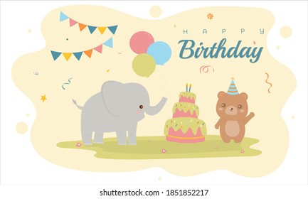 Vector illustration of Happy Birthday animal with cake , balloon decoration for greetings card.Set birthday Party cute bear,elephant .Colorful  Cute cards for kids design invitation. template card
