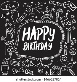 Vector illustration of Happy Birthday badge set on blackboard. Design lettering text for greeting cards, banner. Cake, candle, gift, balloon and other elements isolated on  black background