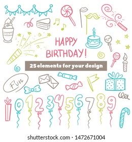 Vector illustration of Happy Birthday badge set. Design elements with lettering text for greeting cards, banner, print. Cake, candle, gift, balloon and other elements isolated on white background