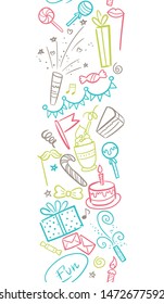 Vector illustration of Happy Birthday badge set. Design seamless pattern background for greeting cards, banner, print. Cake, candle, gift, balloon and other elements isolated on white background