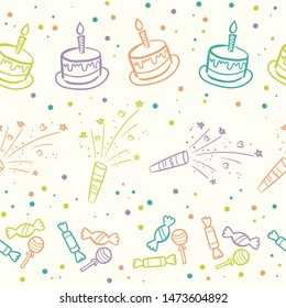 Vector illustration of Happy Birthday badge set. Design items for greeting cards, banner. Cake, candle, gift, balloon and other elements isolated on seamless pattern background