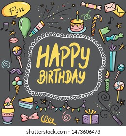 Vector illustration of Happy Birthday badge set. Design elements with lettering text for greeting cards, banner, print. Cake, candle, gift, balloon and other elements isolated on white background