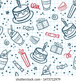 Vector illustration of Happy Birthday badge set Design element for greeting cards, banner, print. Cake, candle, gift, balloon and other elements isolated on seamless pattern background
