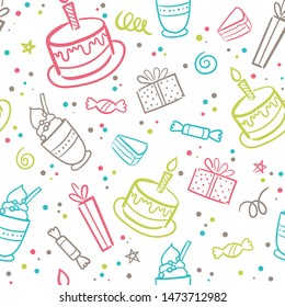 Vector illustration of Happy Birthday badge set Design element for greeting cards, banner, print. Cake, candle, gift, balloon and other elements isolated on seamless pattern background