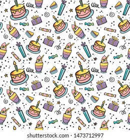 Vector illustration of Happy Birthday badge set Design element for greeting cards, banner, print. Cake, candle, gift, balloon and other elements isolated on seamless pattern background