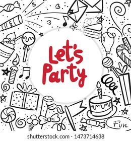 Vector illustration of Happy Birthday badge set. Design lettering text for greeting cards, banner. Cake, candle, gift, balloon and other elements