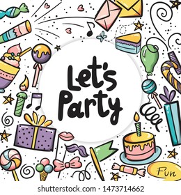 Vector illustration of Happy Birthday badge set. Design lettering text for greeting cards, banner. Cake, candle, gift, balloon and other elements