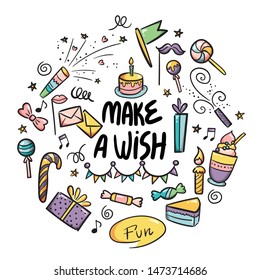 Vector illustration of Happy Birthday badge set. Design lettering text for greeting cards, banner. Cake, candle, gift, balloon and other elements