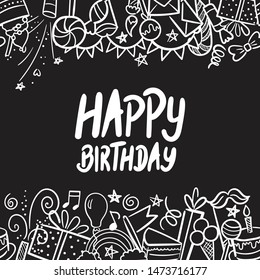 Vector illustration of Happy Birthday badge set on blackboard. Design element for greeting cards, banner, print. Cake, candle, gift, balloon and other elements 