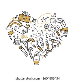Vector illustration of Happy Birthday badge set. Design elements for greeting cards, banner, print. Cake, candle, gift, balloon and other elements isolated on white background. Entire design forms a heart shape.