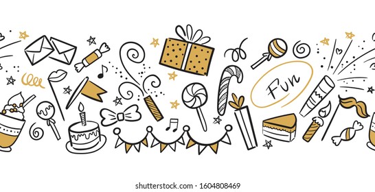 Vector illustration of Happy Birthday badge set. Design elements for greeting cards, banner, print. Cake, candle, gift, balloon and other elements isolated on white background