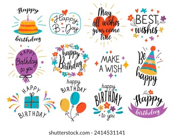 Vector illustration of Happy Birthday badge set. Greeting lettering, cake, balloons birthday greeting card decoration design vector illustration icons set. Birthday celebration logo.