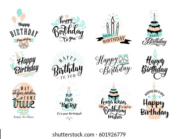 Vector illustration of Happy Birthday badge set. Design element for greeting cards, banner, print with lettering typography text sign, quote, cake, candle, gift, balloon isolated on white background
