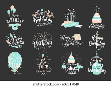 Vector Illustration Of Happy Birthday Badge Set. Design Element For Greeting Cards, Banner, Print With Lettering Typography Text Sign, Quote, Cake, Candle, Gift, Balloon Isolated On Dark Background