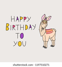 Vector illustration of happy birthday. Beige llama in a festive cap on a gray background. Lettering birthday.