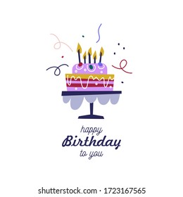 Vector illustration of happy birthday cake. Birthday cake with candles. Isolated on white background.