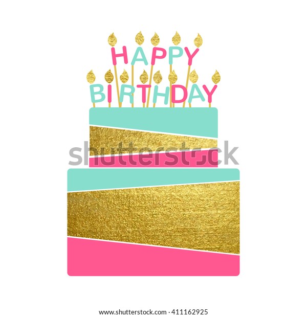 ハッピーバースデーケーキカードのベクターイラスト キャンドルとバースデーケーキ 金箔 白い背景に のベクター画像素材 ロイヤリティフリー