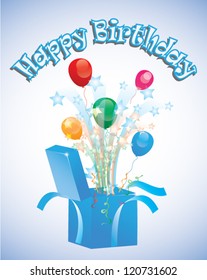 Vector illustration of a happy birthday card, colorful stuff coming out of a box