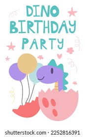 Ilustración vectorial de la tarjeta de feliz cumpleaños. Cute kawaii dinosaurio y huevo con letras de texto en la fiesta de cumpleaños de dino. Concepto de caracteres dino para postales de diseño, afiche, invitación infantil EPS