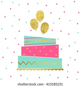 Vector illustration of happy birthday card. Isolated on white background. Birthday invitation with cake and gold balloon.