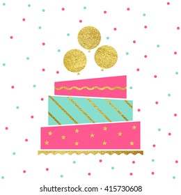 Vector illustration of happy birthday card. Greeting card for birthday or invitation. Birthday party cake with gold baloons.