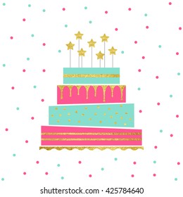 Vector illustration of happy birthday card. Birthday cake with gold stars. Isolated on white background with confetti.