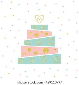 Vector illustration of happy birthday card. Greeting postcard or invitation. Birthday party cake and gold hearts.