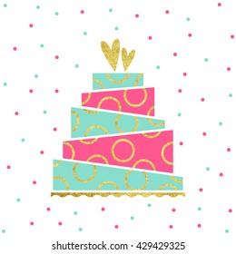 Vector illustration of happy birthday card. Birthday cake isolated on white background. Invitation with cake and gold hearts.