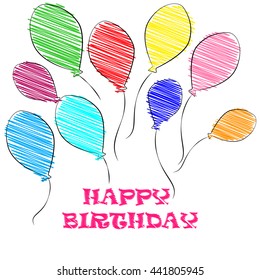 vector illustration of happy birthday card with colourful balloons in sketch style