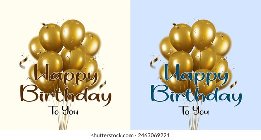 vector illustration happy birthday celebration two backgrounds design element with flying glittering golden balloons.