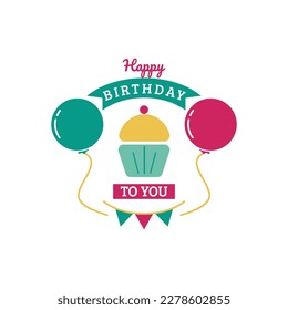 Vector illustration of Happy Birthday decorative greeting card with balloons, cake and ribbon isolated on white background