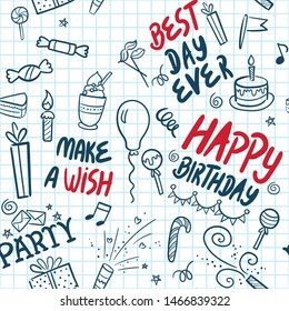 Vector illustration of Happy birthday design. Elements for greeting cards, banner, print.  Cake, candle, flapper, candy and other elements isolated on grid page notebook background. Seamless pattern