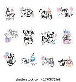 Vector illustration of Happy Birthday. Design element for greeting cards, banner, print. Birthday party lettering set.