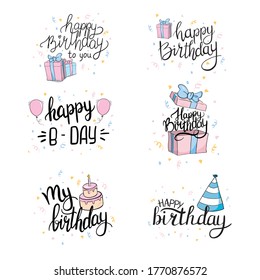 Vector illustration of Happy Birthday. Design element for greeting cards, banner, print. Birthday party lettering set.